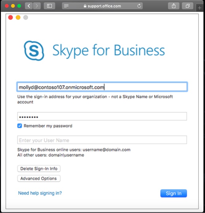 skype for business mac doesnt let me log in
